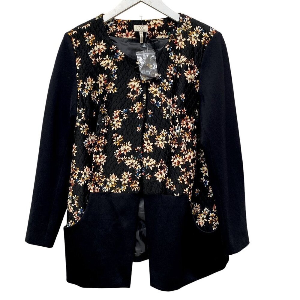 LOGO Lori Goldstein Black Floral Jacket Size 8 Womens Stretch Blazer Artsy NWOT